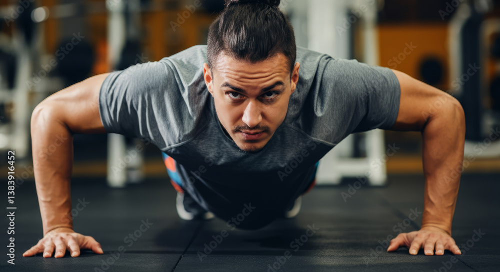 Fototapeta premium Young caucasian male doing push-ups in gym lifting fitness workout