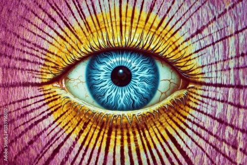 A close up of an eye with a blue iris in the middle of it
