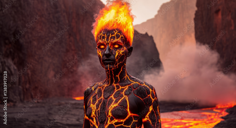 Fiery figure of lava in volcanic landscape with glowing features and flaming hair Fiery figure of lava in volcanic landscape with glowing features and flaming hair
