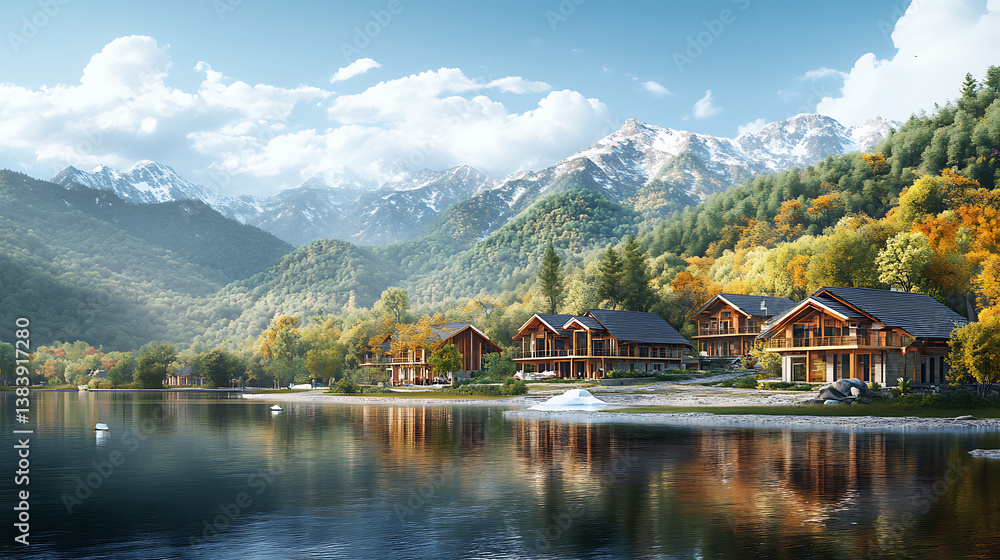 Fototapeta premium In the valley at the foot of the mountains there are houses near the lake, 3d illustration