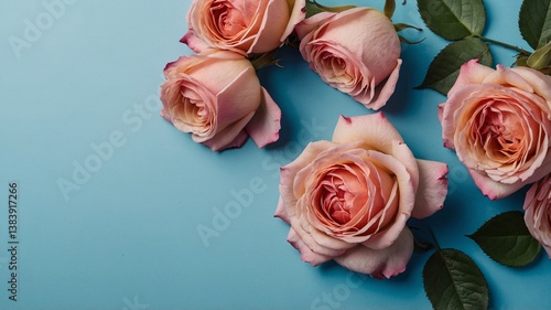 Lovely pink roses with creamy petals arranged gracefully on a blue background.