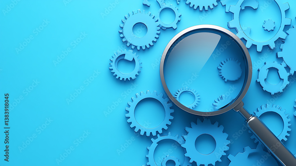 Magnifying glass and gears on blue background representing seo audit and analysis Magnifying glass and gears on blue background representing seo audit and analysis
