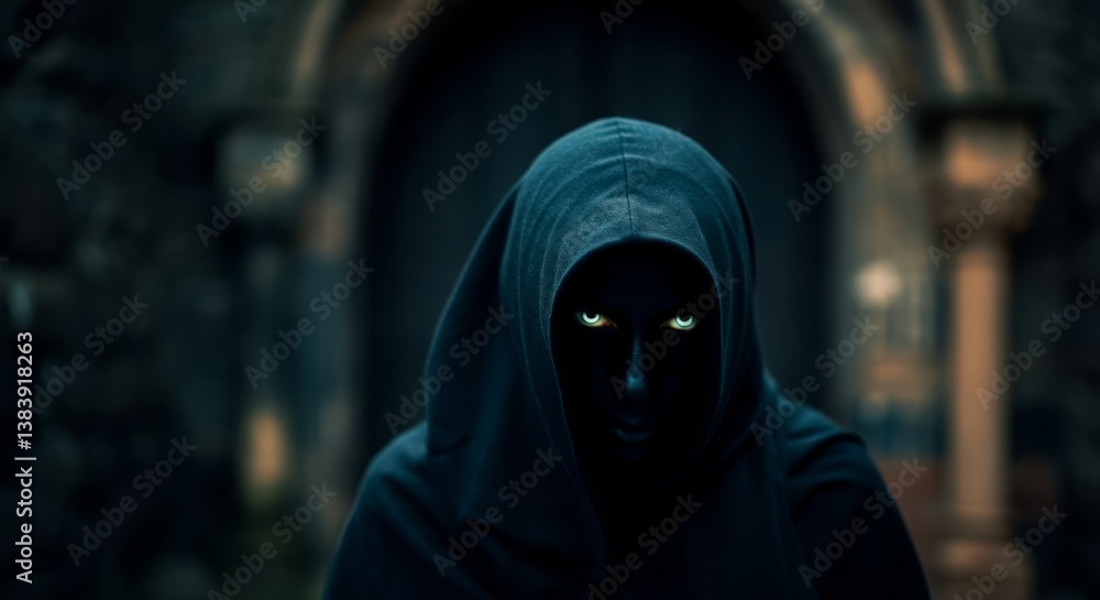 Mysterious hooded figure with glowing eyes in dark cloak Mysterious hooded figure with glowing eyes in dark cloak