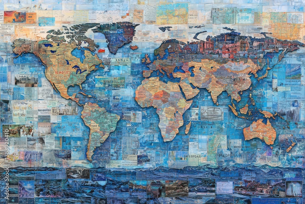Naklejka premium An artistic composition featuring a world map laid out from different maps and travel brochures, with each piece in crisp detail and the overall arrangement