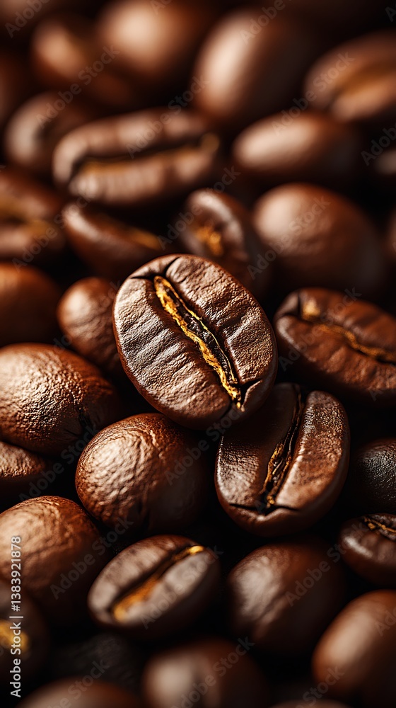 Fototapeta premium Close-Up of Glossy Roasted Coffee Beans with Rich Brown Color and Texture