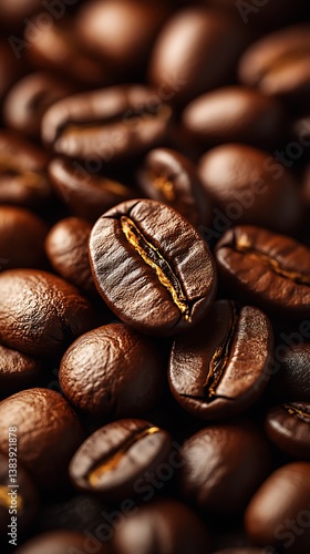 Close-Up of Glossy Roasted Coffee Beans with Rich Brown Color and Texture

