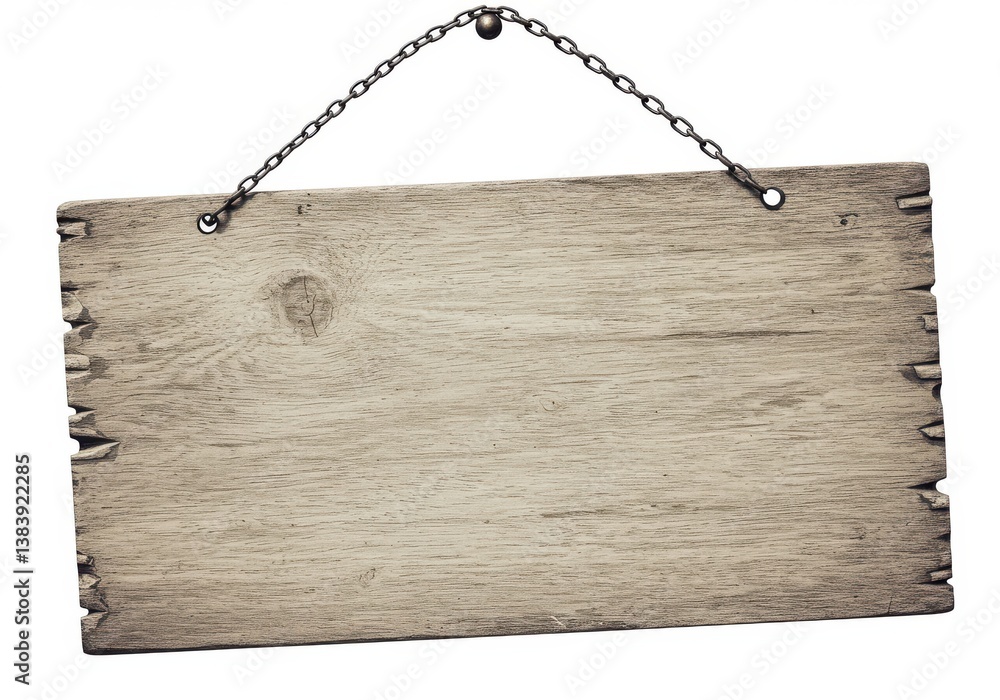 A weathered wooden sign hanging from a metal chain against a plain white background in a studio shot A weathered wooden sign hanging from a metal chain against a plain white background in a studio shot