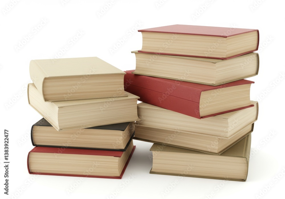 A stack of several hardcover books with red and beige covers piled on a white surface together neatly A stack of several hardcover books with red and beige covers piled on a white surface together neatly