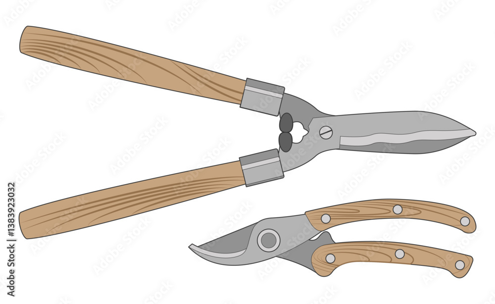 Garden tools set. Vector illustration isolated on white. Pruning shears with wooden handle. Garden tools set. Vector illustration isolated on white. Pruning shears with wooden handle.