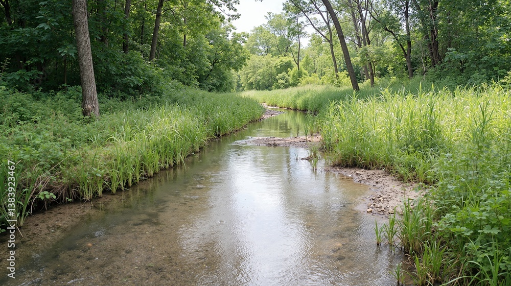Obraz premium Serene stream flowing through lush green forest. Summer landscape. Natural environment and healthy lifestyle. Scenic nature background for travel blog, banner, website.
