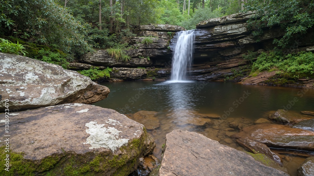 Waterfall with clear water falling into a dark pool surrounded by rocks and green forest. Serene nature scene and travel destination for tourism, banner, poster, website background. Waterfall with clear water falling into a dark pool surrounded by rocks and green forest. Serene nature scene and travel destination for tourism, banner, poster, website background.