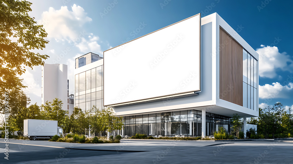 Obraz premium Modern commercial building with large mockup billboard, clear sky background, advertising concept
