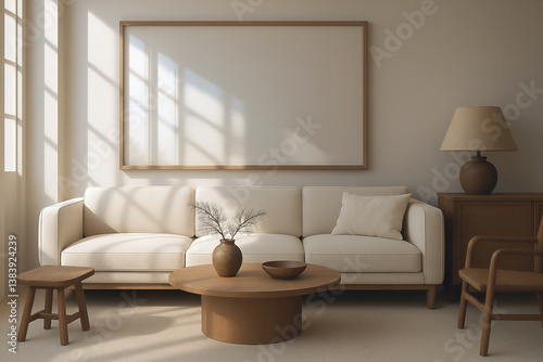Wall art mockup in frame above cream sofa with wooden coffee table and chairs in natural light. Interior scene with neutral tones, wabi sabi or japandi style. Living room decoration 