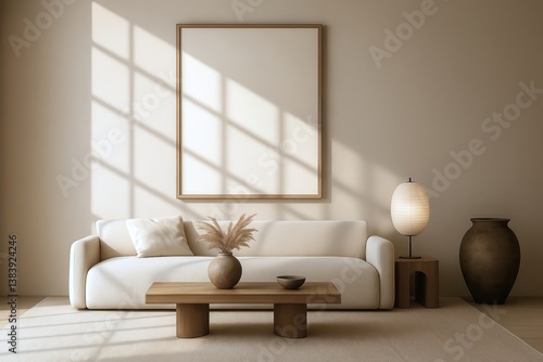 Wall art mockup in frame above cream sofa with wooden coffee table and chairs in natural light. Interior scene with neutral tones, wabi sabi or japandi style. Living room decoration 