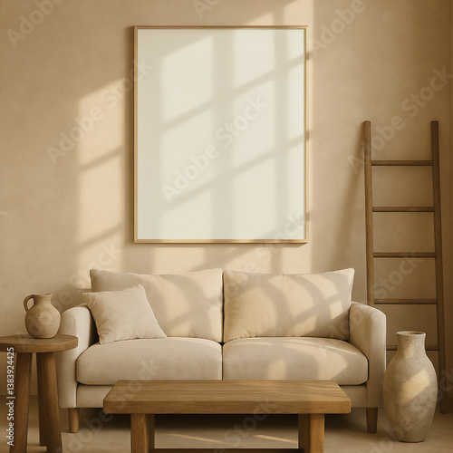 Wall art mockup in frame above cream sofa with wooden coffee table and chairs in natural light. Interior scene with neutral tones, wabi sabi or japandi style. Living room decoration 