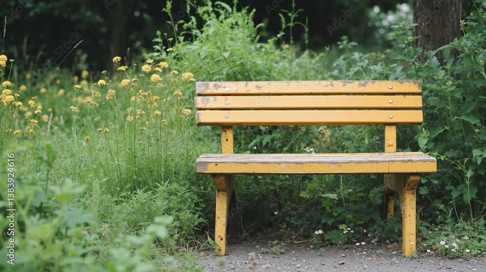 Weathered yellow park bench surrounded by wildflowers and lush greenery. Tranquility and relaxation concept. Background for website, blog, poster, advertising. Weathered yellow park bench surrounded by wildflowers and lush greenery. Tranquility and relaxation concept. Background for website, blog, poster, advertising.