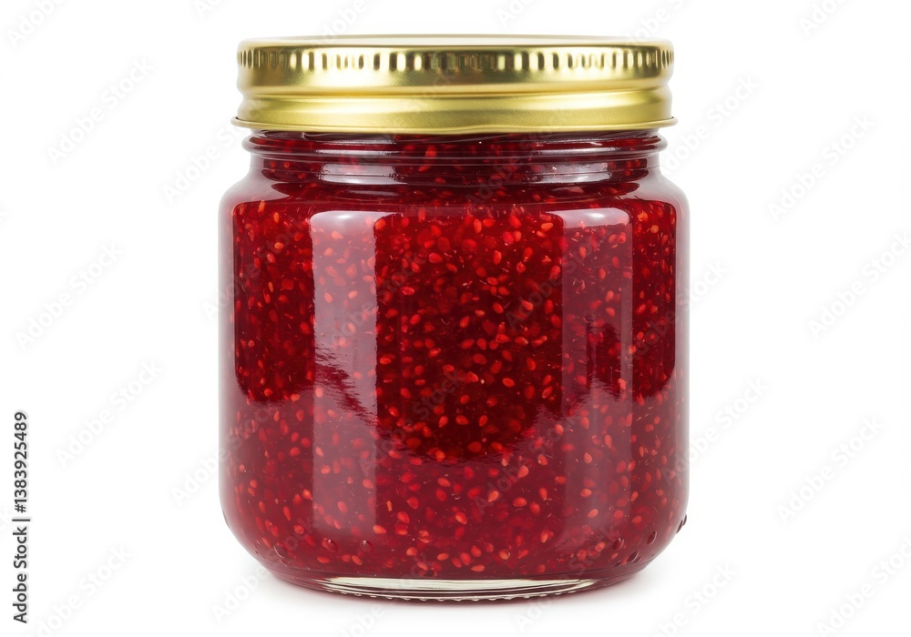 A glass jar filled with homemade raspberry jam with a golden lid on a white background in studio lighting A glass jar filled with homemade raspberry jam with a golden lid on a white background in studio lighting