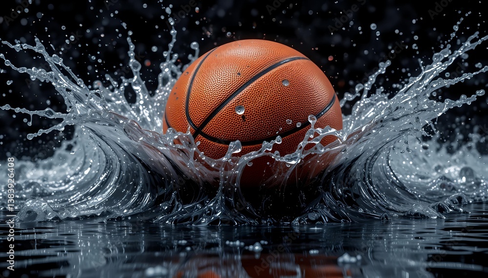 A basketball with water splash effect on glossy black surface A basketball with water splash effect on glossy black surface