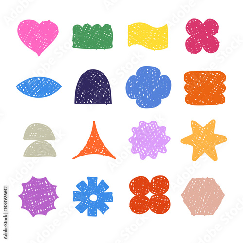 Abstract geometric shapes. Figures of strokes with bright multi-colored markers. Basis for stickers in the style of the 70s and 80s, retro badges, logos, posters. Vector isolated elements.