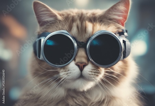 cat minimalism wearing vr glasses collage technology background cartoon illustration device innovation reality game digital goggles generative headset cute life events animal virtual isolated tech