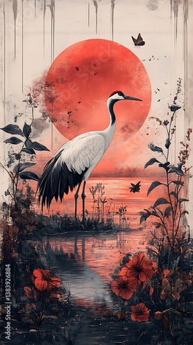 Graceful Crane by Pond Under a Red Sun

