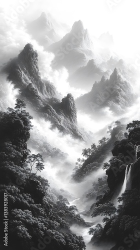 Misty Mountains with Forests and Waterfalls in Monochrome

