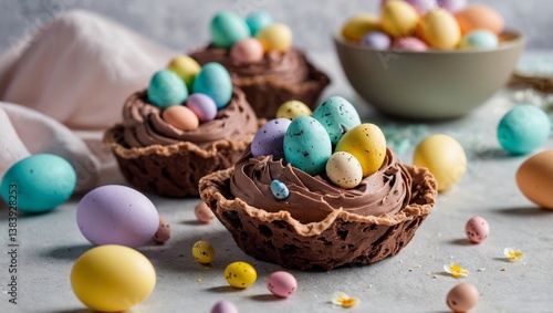 Chocolate nests filled with colorful candy eggs as a festive Easter dessert on light background