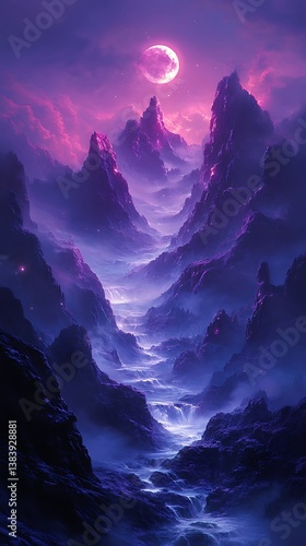 Glowing Crescent Moon Over Mountains and River at Dusk


