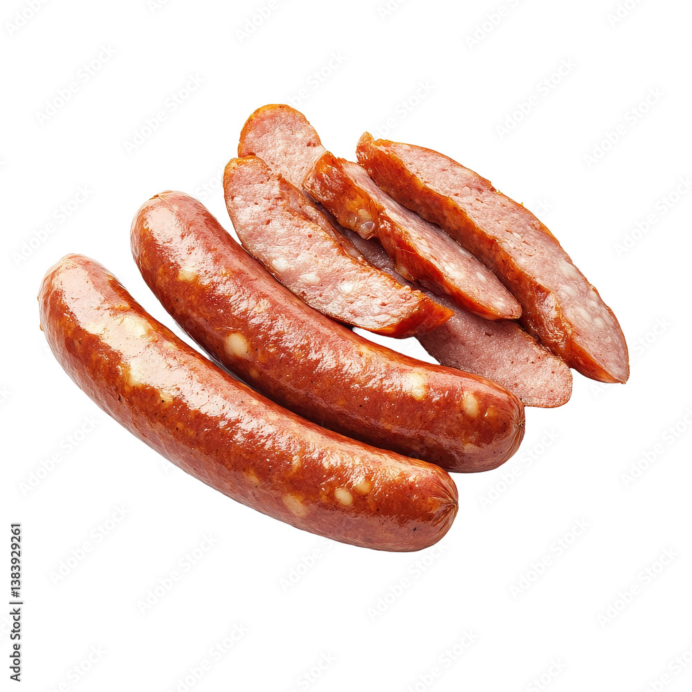 Sliced bratwurst sausage showcases its savory texture against a clean Transparent background, Sliced bratwurst sausage isolated on PNG background Sliced bratwurst sausage showcases its savory texture against a clean Transparent background, Sliced bratwurst sausage isolated on PNG background