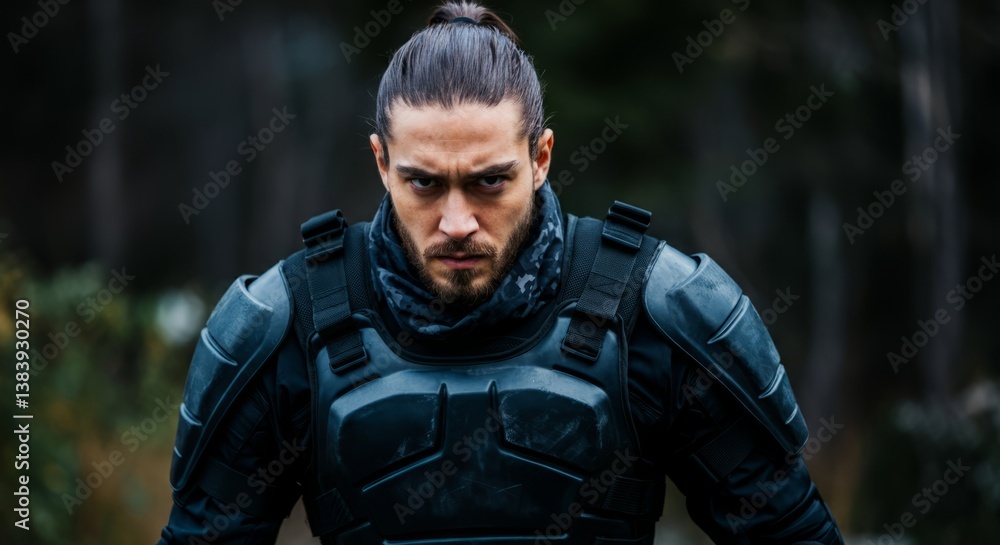 Fototapeta premium Intense young caucasian male in tactical armor outdoors