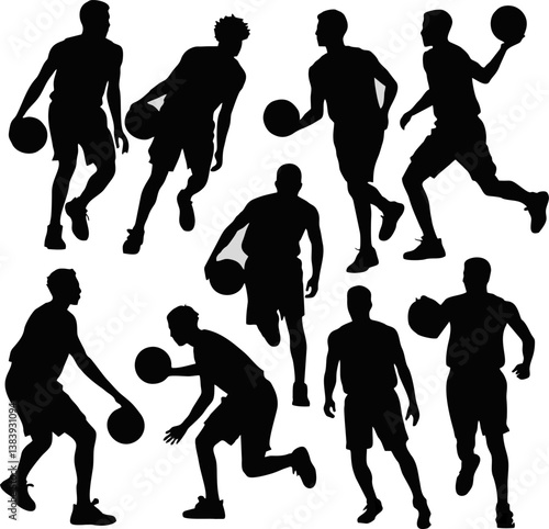 illustration abstark set style playing basketball silhouette