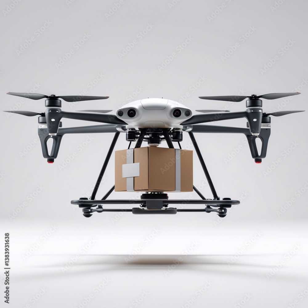 Drone Logistics Revolution Box Package in Flight Over Modern City Drone Logistics Revolution Box Package in Flight Over Modern City