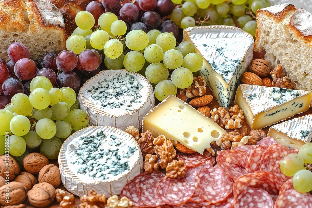 An enticing charcuterie board featuring an exquisite selection of cheeses, fresh grapes, salami, assorted nuts, and artisan bread, perfect for a gourmet appetizer spread. An enticing charcuterie board featuring an exquisite selection of cheeses, fresh grapes, salami, assorted nuts, and artisan bread, perfect for a gourmet appetizer spread.