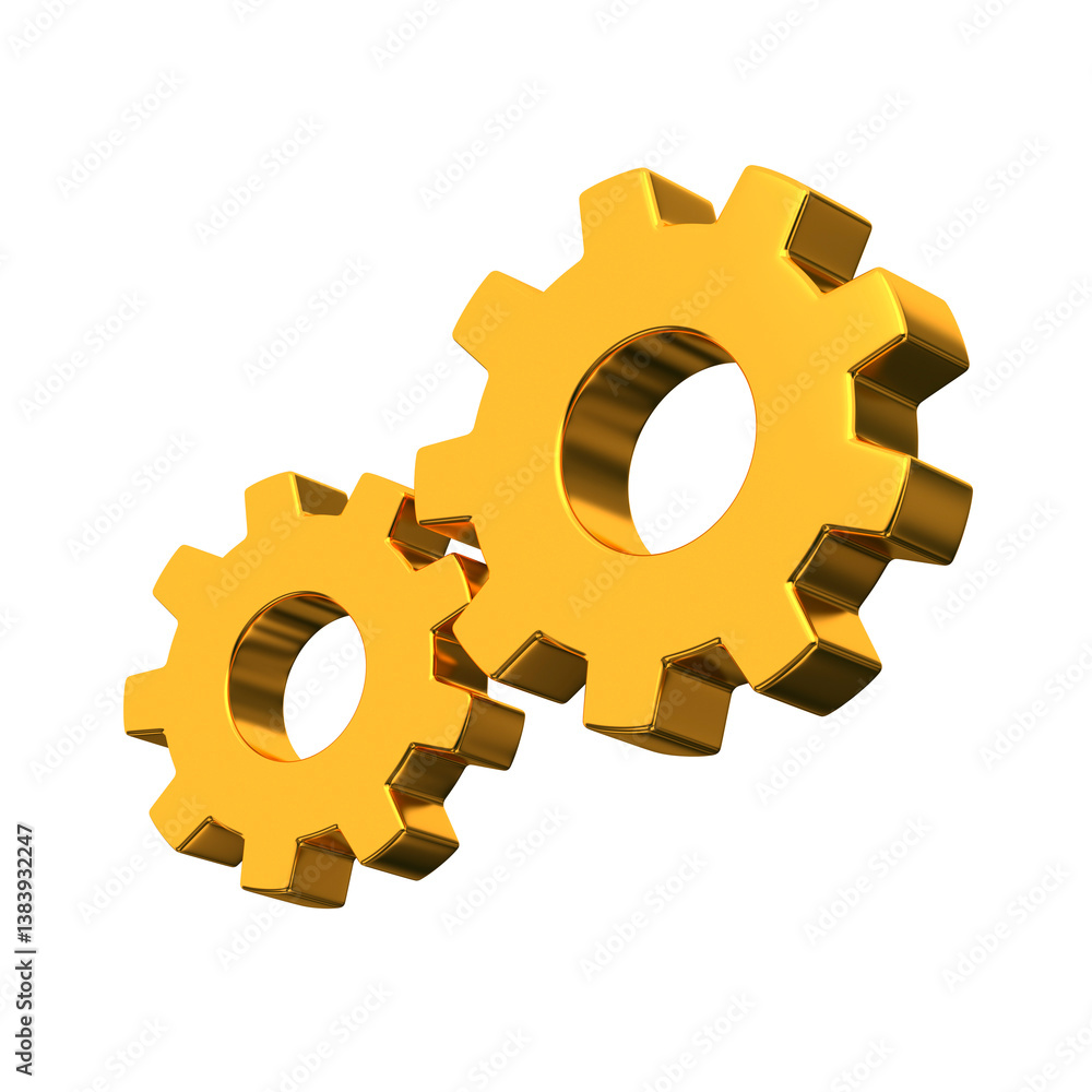 Set of golden metal gears isolated. Settings icon concept. 3d rendering Set of golden metal gears isolated. Settings icon concept. 3d rendering