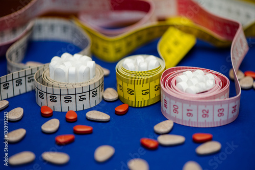 Tape measure with weight loss medications, dietary supplements and appetite suppressants, highlighting the risks of drug-based diets to combat obesity. Goals at the beginning of the year