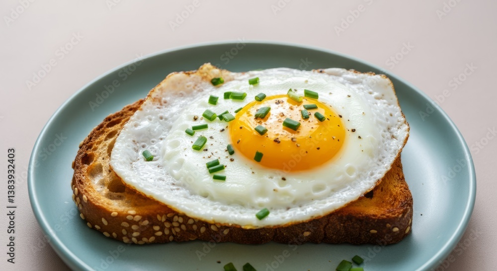 Fried egg on toast with chives and pepper on blue plate Fried egg on toast with chives and pepper on blue plate
