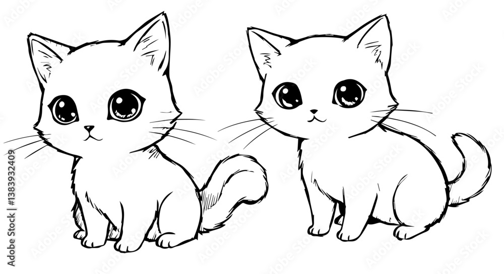Fototapeta premium Cute Anime Kittens Sitting Together in Black and White Outline 
