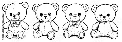 Four Cute Cartoon Teddy Bears in Black and White Style  