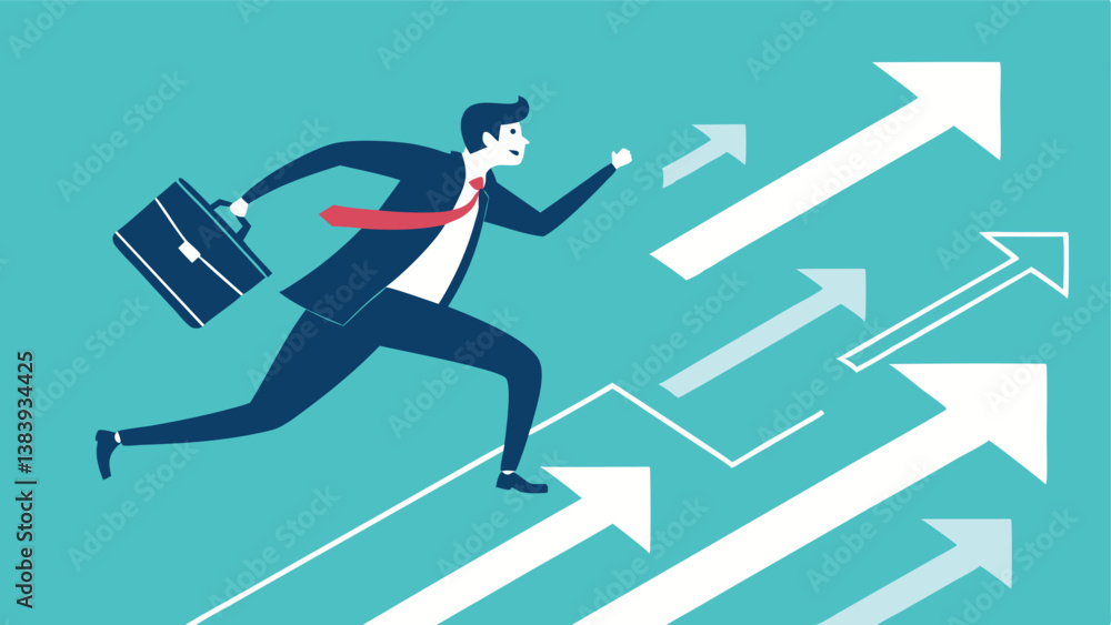 Businessman Running Toward Success with Briefcase and Arrows, Symbolizing Career Growth and Progress Businessman Running Toward Success with Briefcase and Arrows, Symbolizing Career Growth and Progress