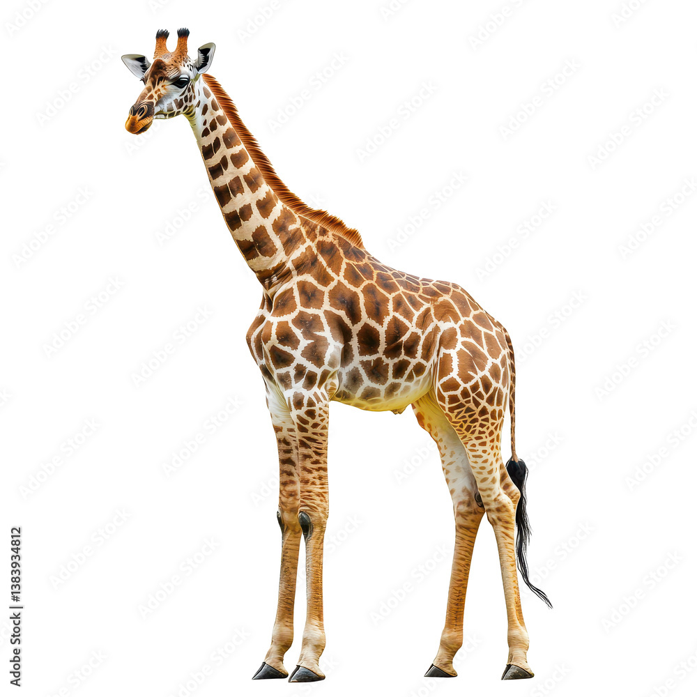 Giraffe standing tall with distinctive patterns on a white background in daylight setting, giraffe isolated on white background Giraffe standing tall with distinctive patterns on a white background in daylight setting, giraffe isolated on white background