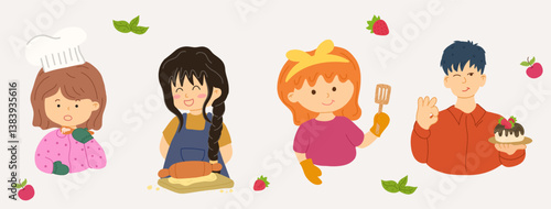 Children involved in baking, each with different tools related to baking. Cartoon style with bold outlines and bright colors. Light gray background. Suitable for kids cooking themes books and