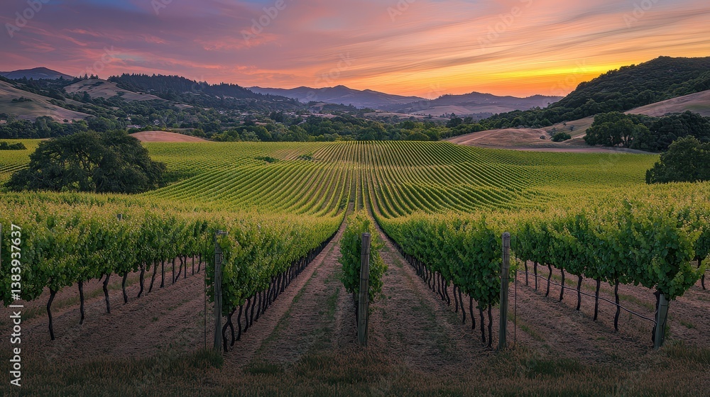 Naklejka premium Vineyard rows, wide-angle drone view, summer evening, green vineyards in Europe, grape vines growing in the field, panoramic landscape of a beautiful wine country area