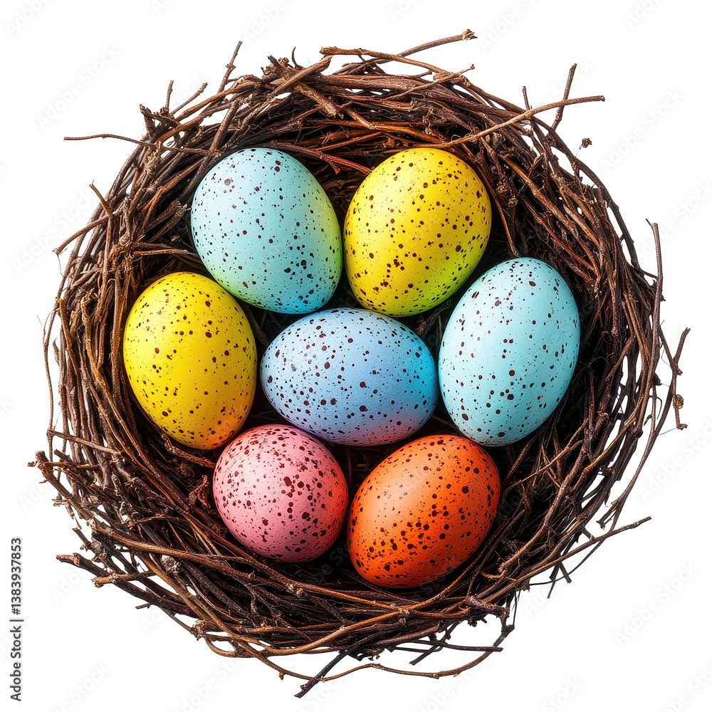 Obraz premium Colorful Easter eggs arranged neatly in a natural nest seen from above against a Transparent background, Colorful Easter eggs in a nest, top view, isolated on PNG background