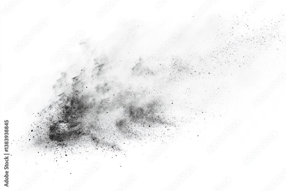 Black powder explosion isolated on white background, creating a dynamic, textured effect. Black powder explosion isolated on white background, creating a dynamic, textured effect.