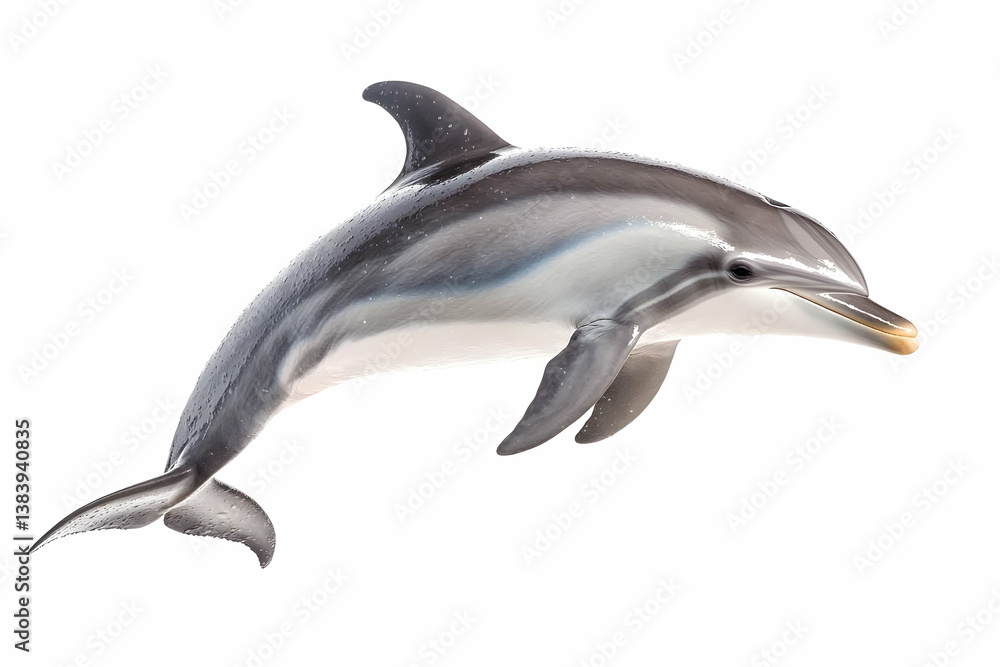 Fototapeta premium A graceful dolphin leaps against a stark white backdrop, showcasing its sleek body and powerful form