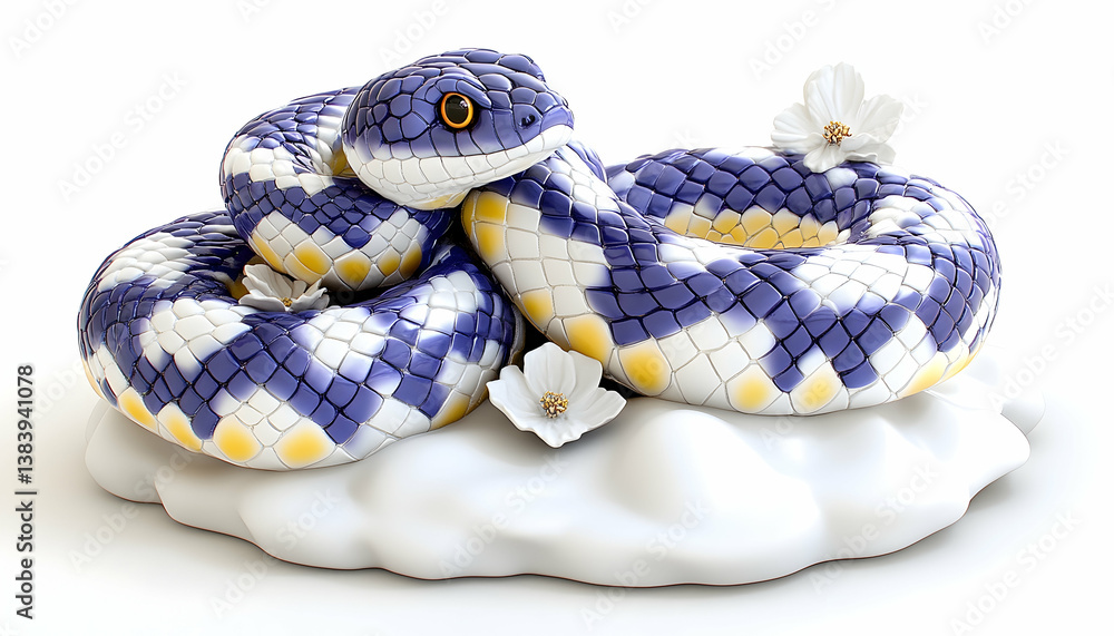Fototapeta premium A stylized, blue and white snake coiled on a cloud-like surface, adorned with delicate white flowers