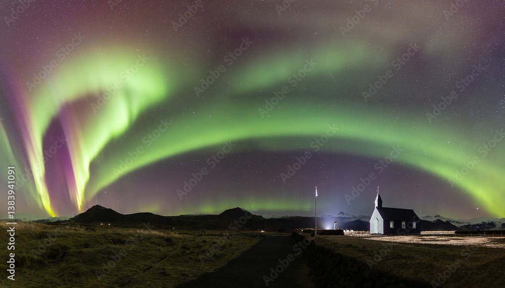 Panoramic view of the Northern Lights over Budir Church!