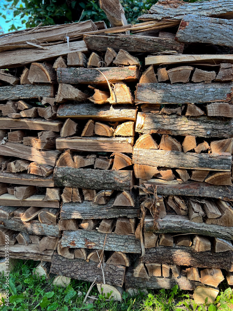 Stacked firewood beautifully arranged in a serene natural setting, enhancing the landscape Stacked firewood beautifully arranged in a serene natural setting, enhancing the landscape
