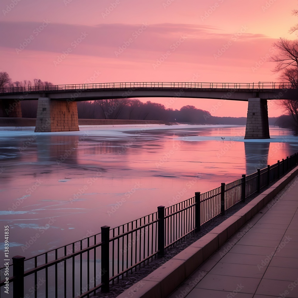 Obraz premium Serene river at sunrise or sunset with bridge, warm hues, reflections, calm water, peaceful walkway.