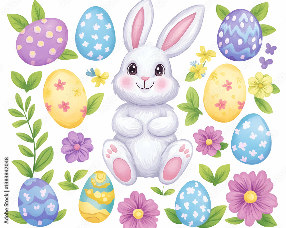 Obraz premium Adorable Easter bunny surrounded by pastel eggs and spring flowers